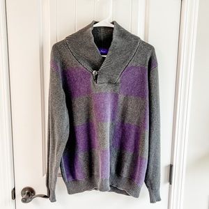 Alan Flusser Gray and Purple Checkered Long Sleeve Sweater Cowl Neck Collar Med